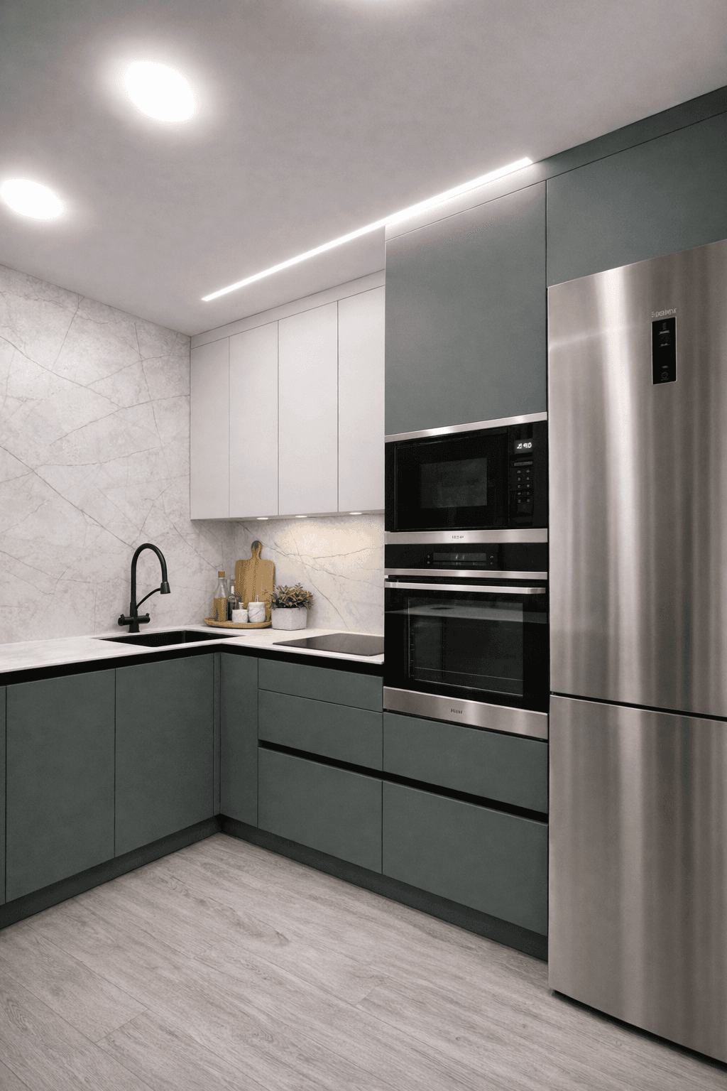 Cuisine équipée verte avec électroménager inox intégré